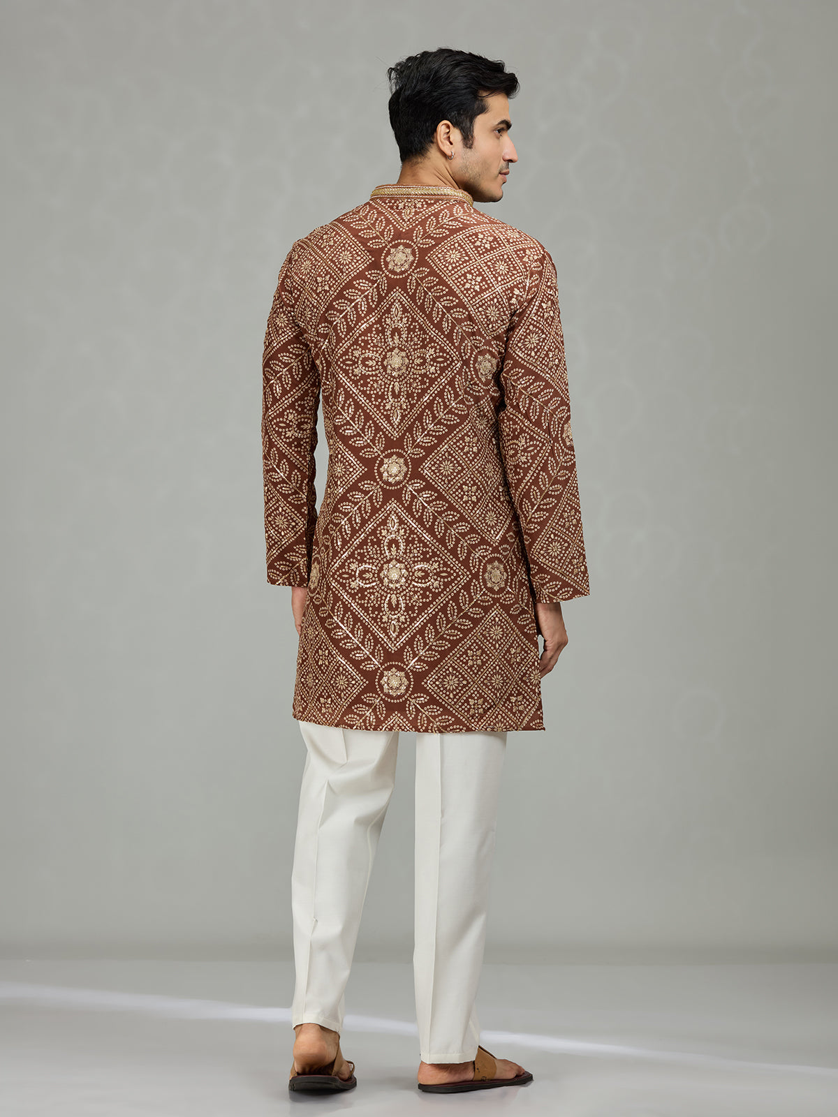 Brown traditional bandhej mens kurta suit
