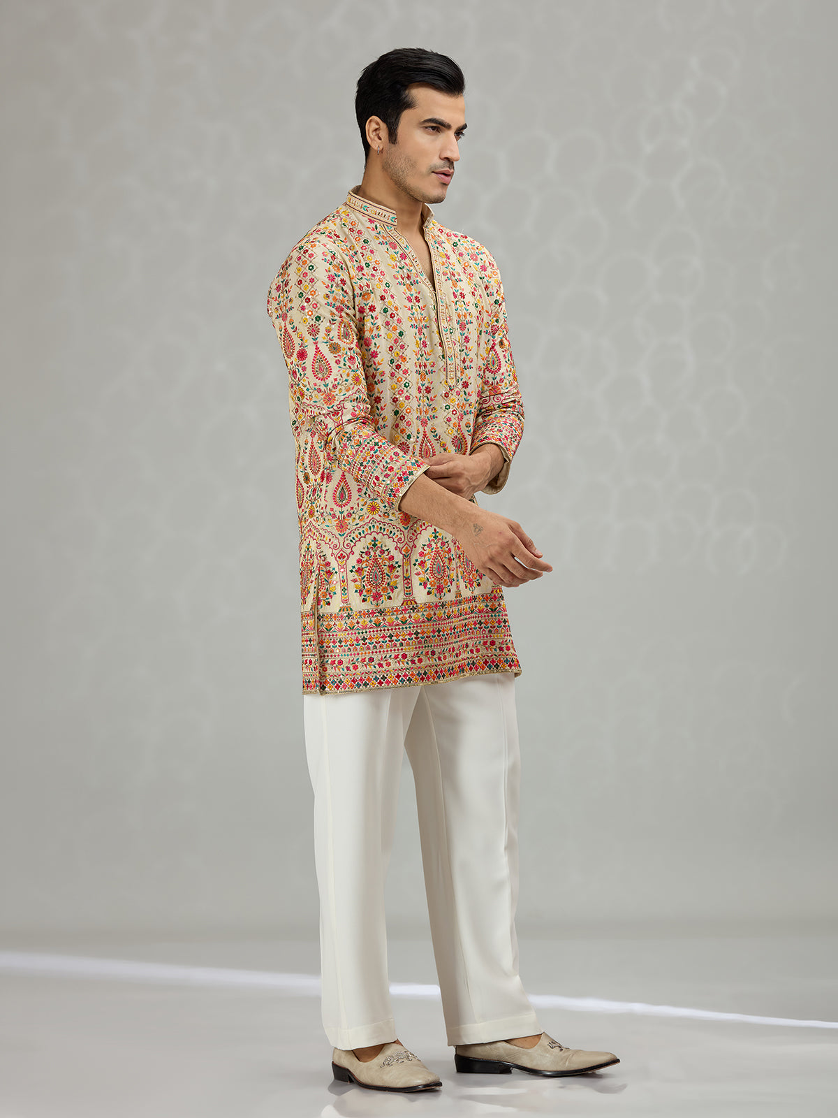 Warm beige colorful floral mens kurta suit