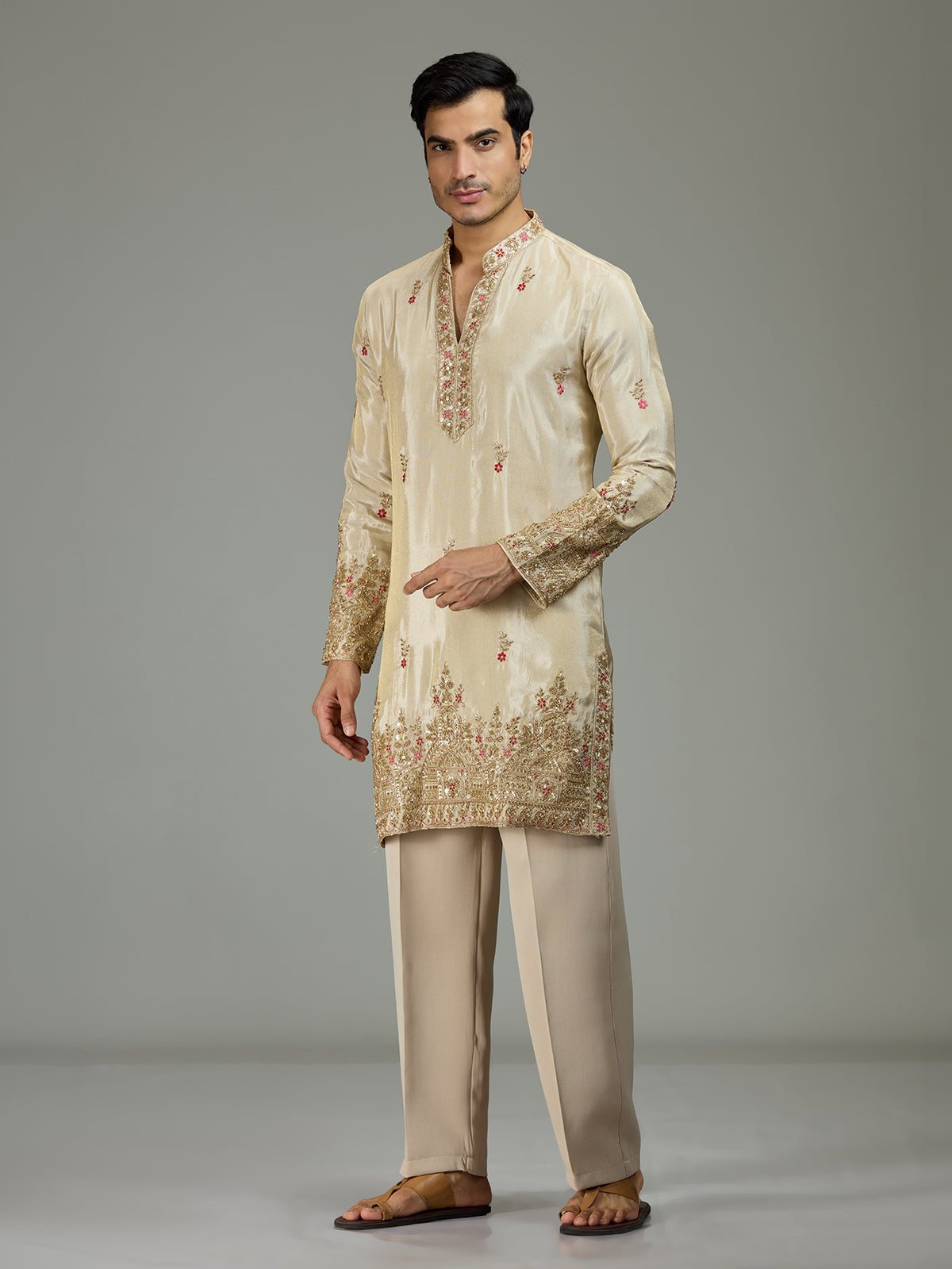Cream floral tissue silk mens kurta suit