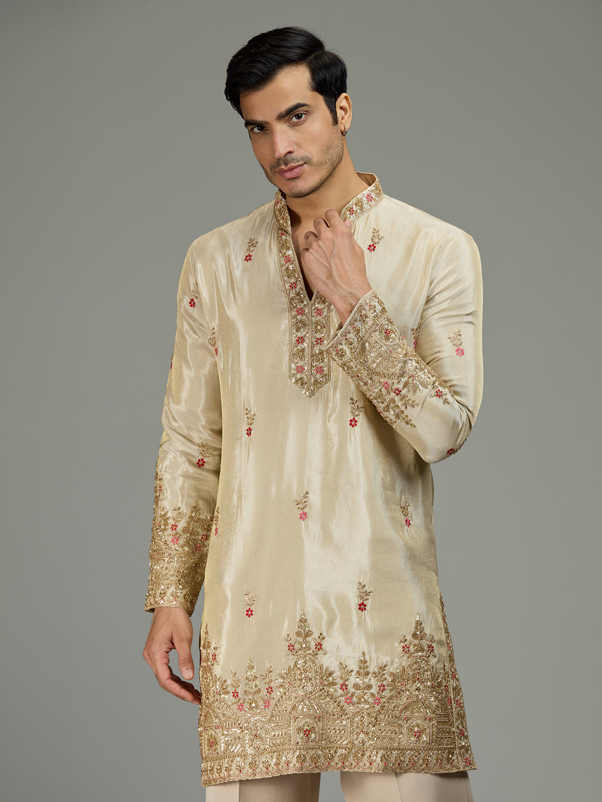 Cream floral tissue silk mens kurta suit