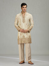 Cream floral tissue silk mens kurta suit