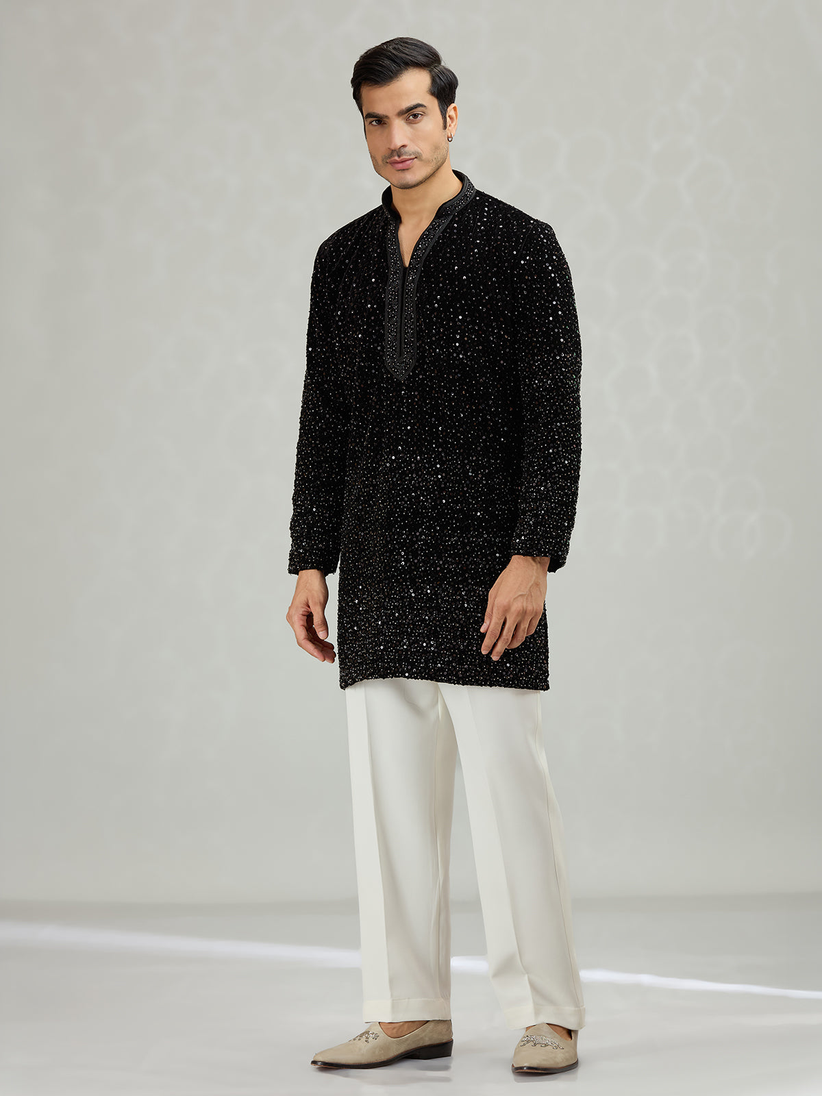 Black sleek embellished mens kurta suit
