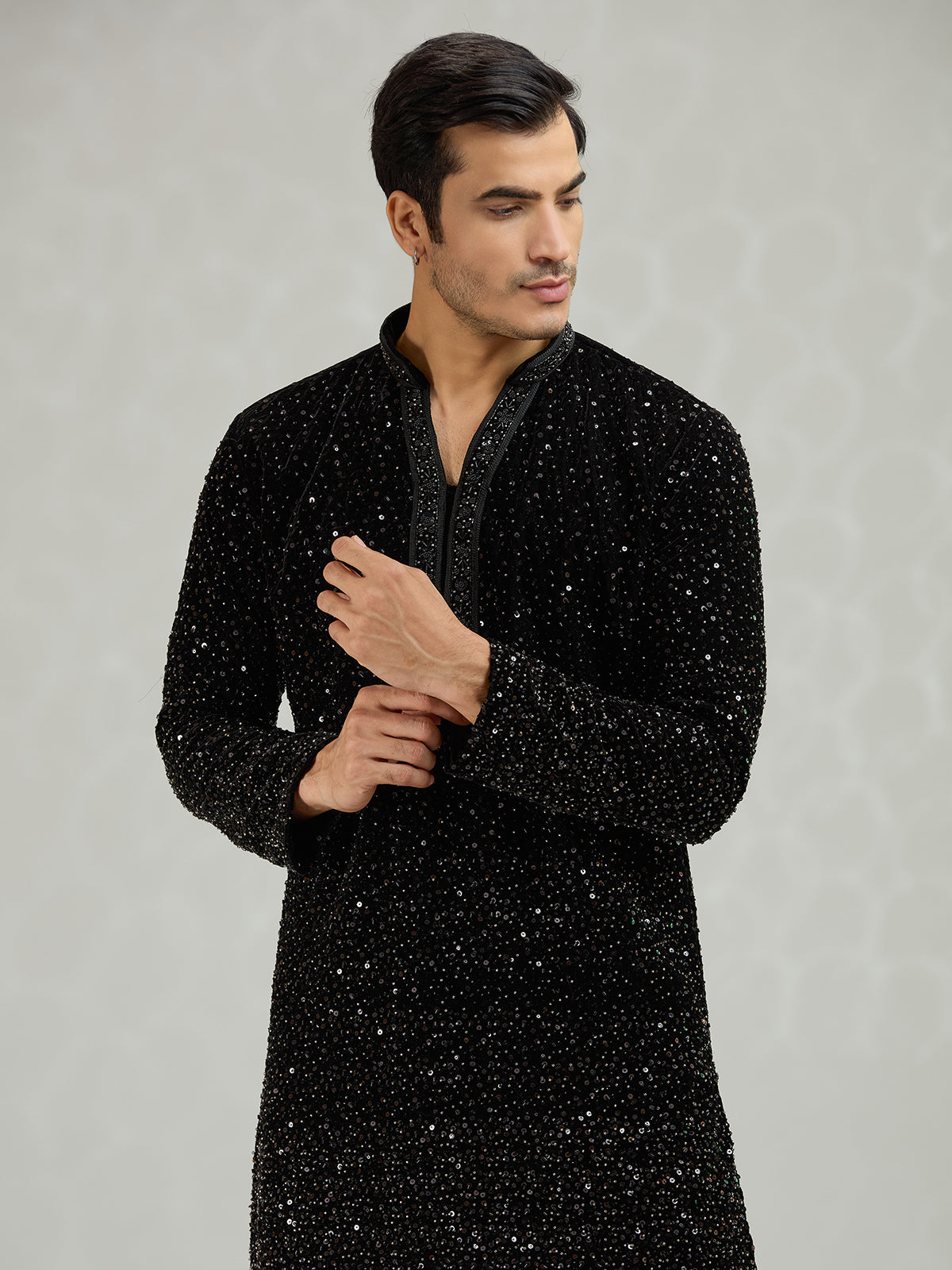 Black sleek embellished mens kurta suit
