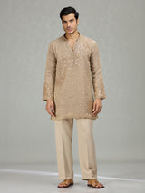 Warm brown sculpted wave patterns men kurta suit