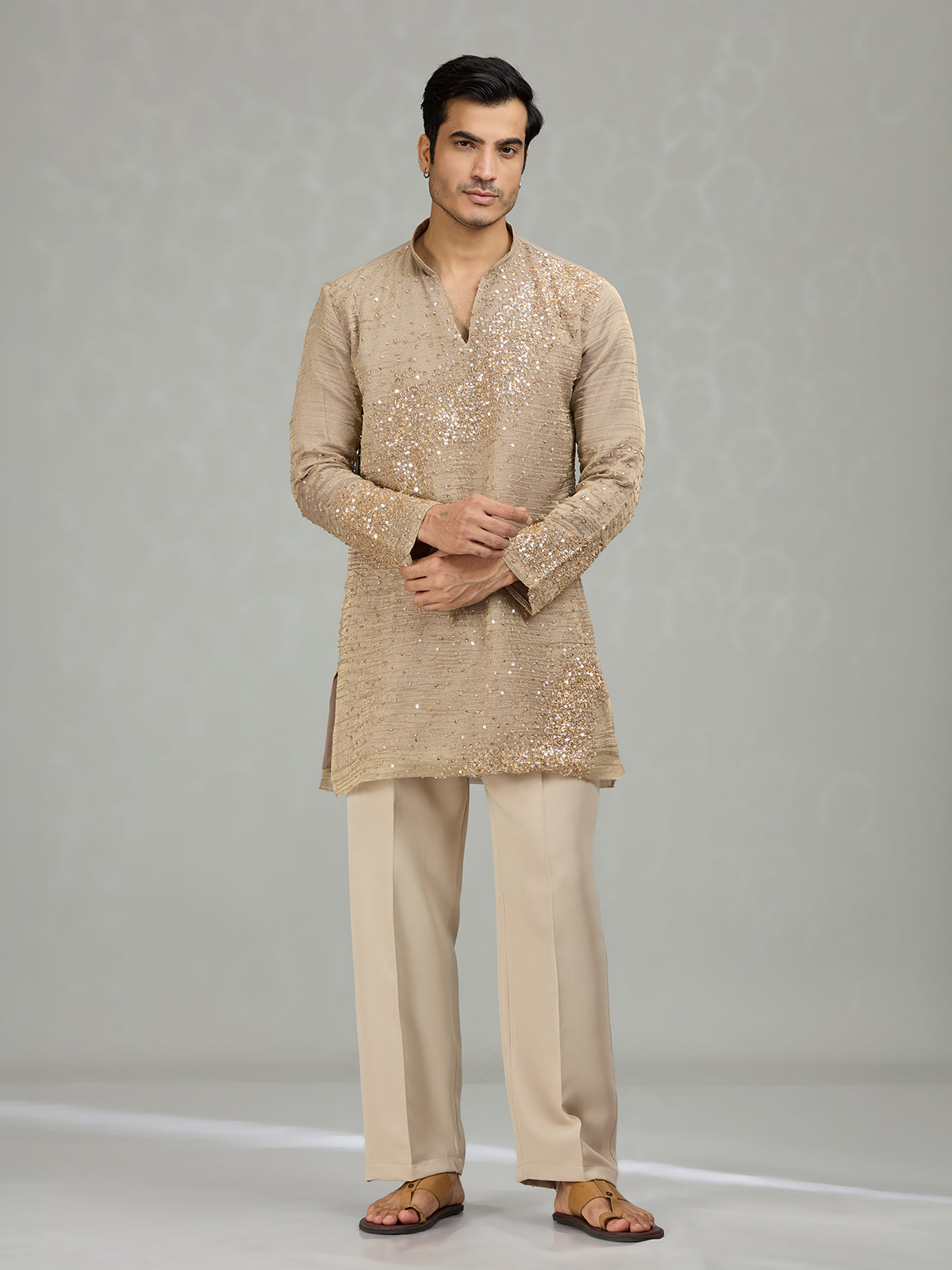 Warm brown sculpted wave patterns men kurta suit