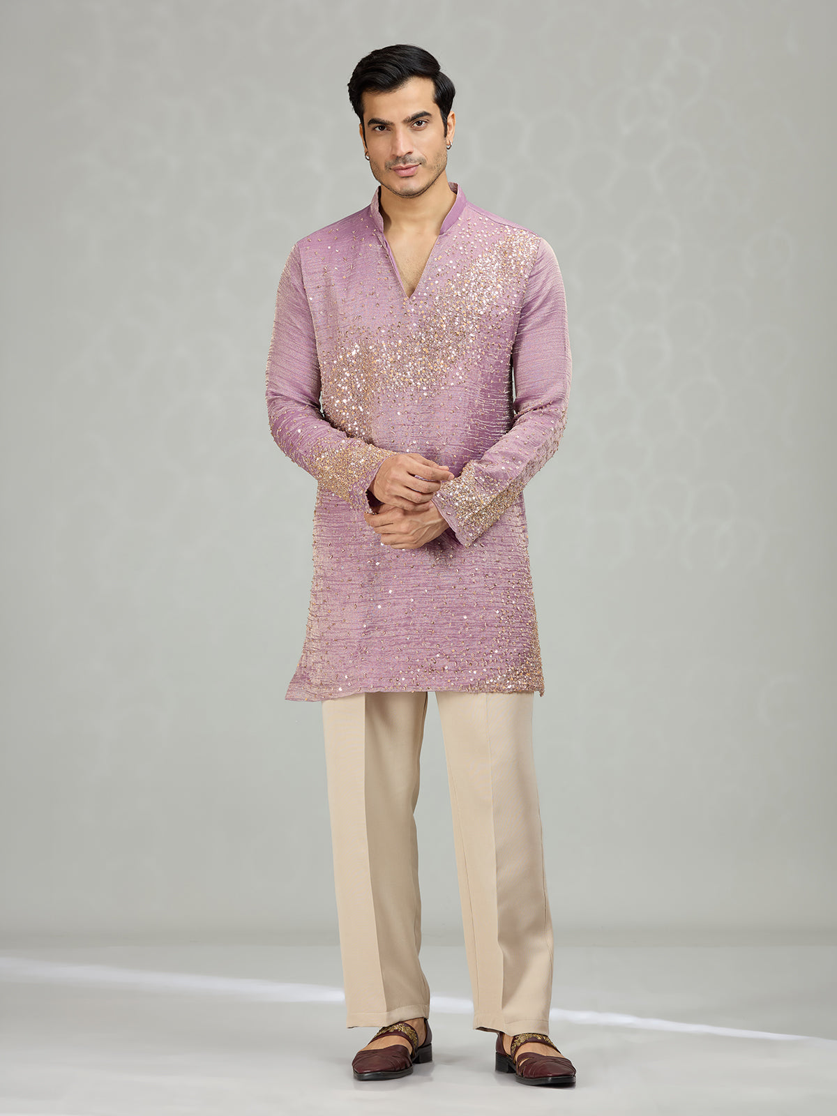 Lilac purple graceful wave motifs men kurta suit