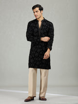 Black floral velvet embellished mens kurta suit