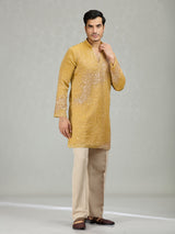 Yellow radiant wave ornamentation men kurta suit