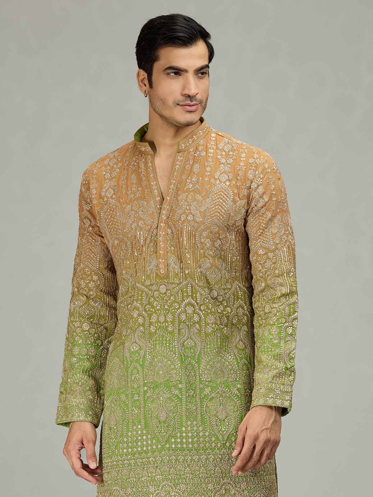Rust green architectural fusion men kurta suit