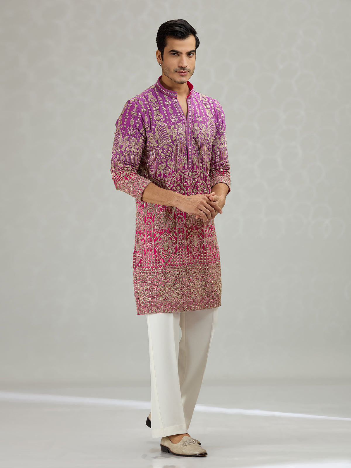 Purple magenta shaded border regal men kurta suit