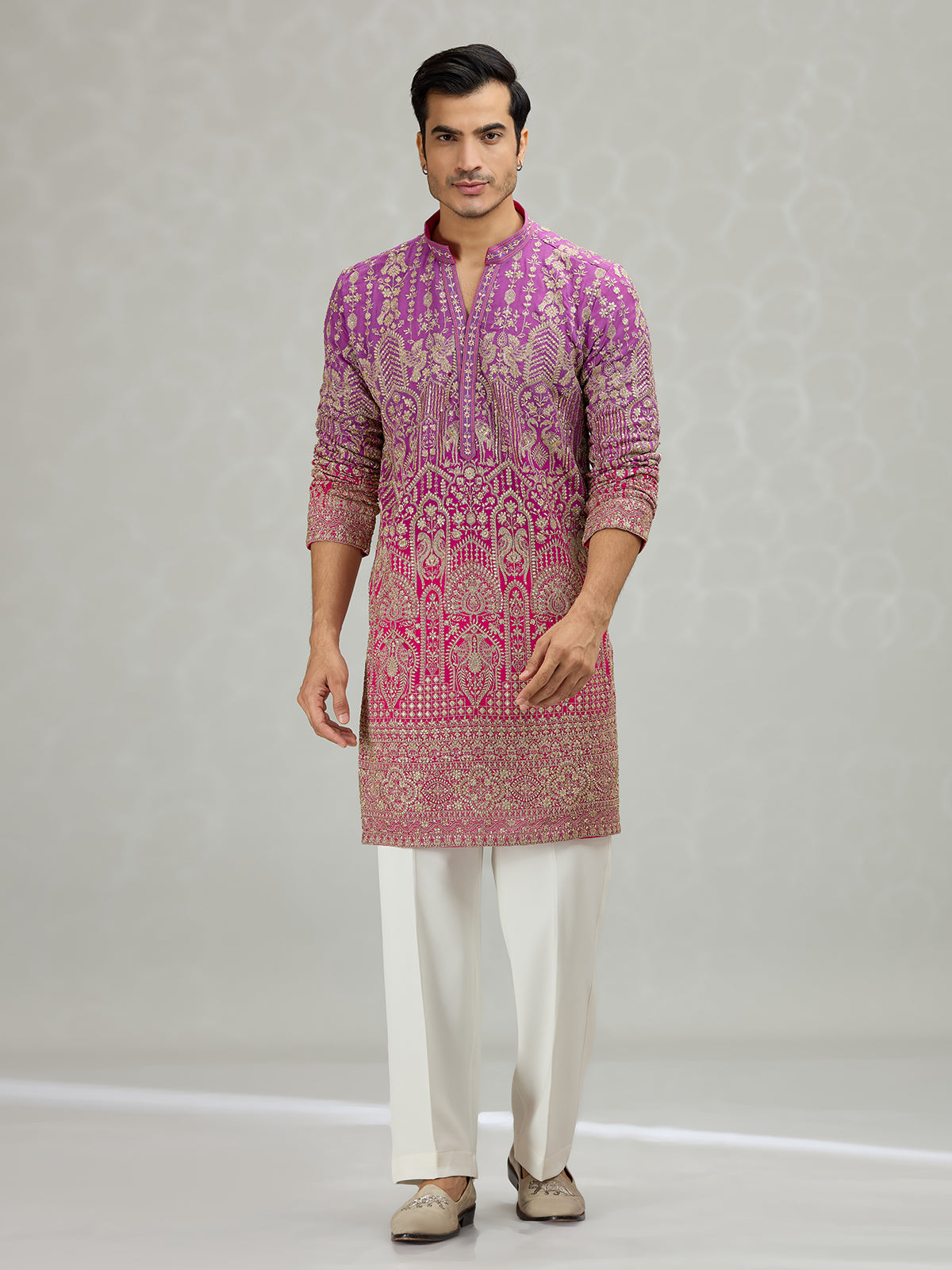 Purple magenta shaded border regal men kurta suit