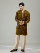 Mehendi green floral velvet grandeur men kurta suit