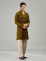 Mehendi green floral velvet grandeur men kurta suit