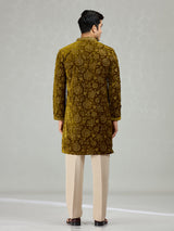 Mehendi green floral velvet grandeur men kurta suit