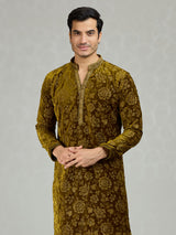 Mehendi green floral velvet grandeur men kurta suit