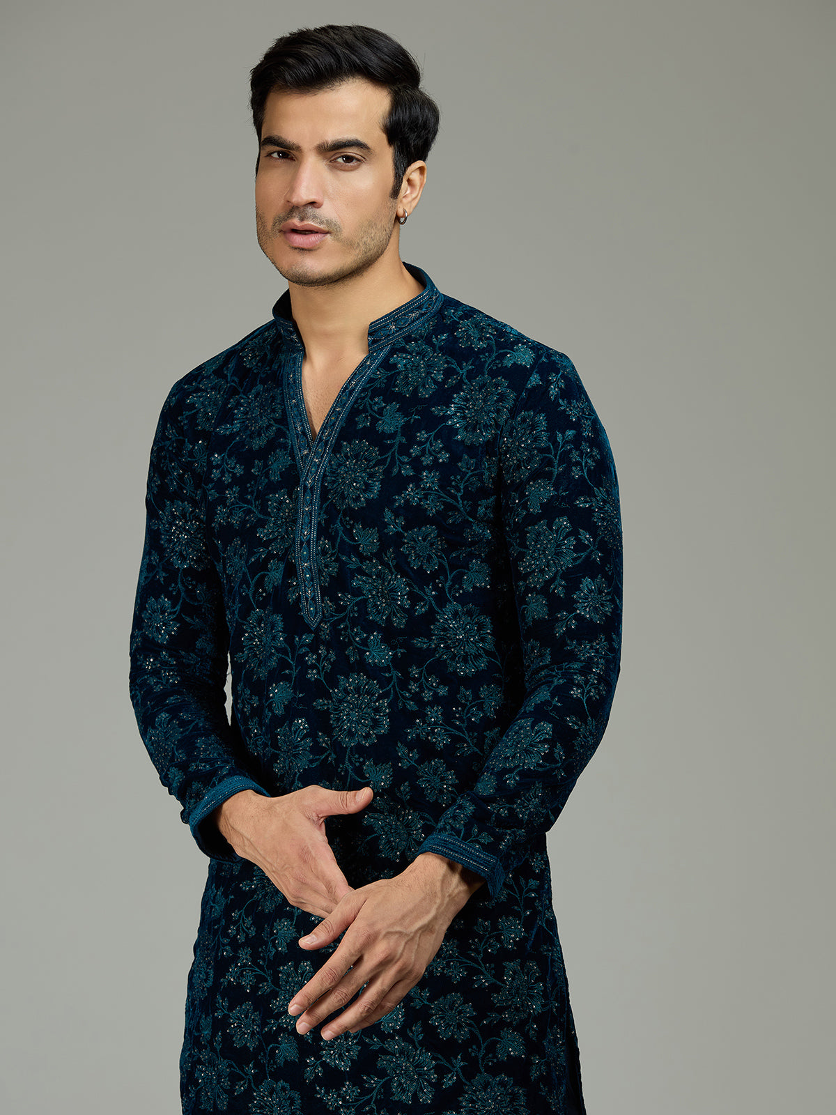 Teal blue floral velvet opulent men kurta suit