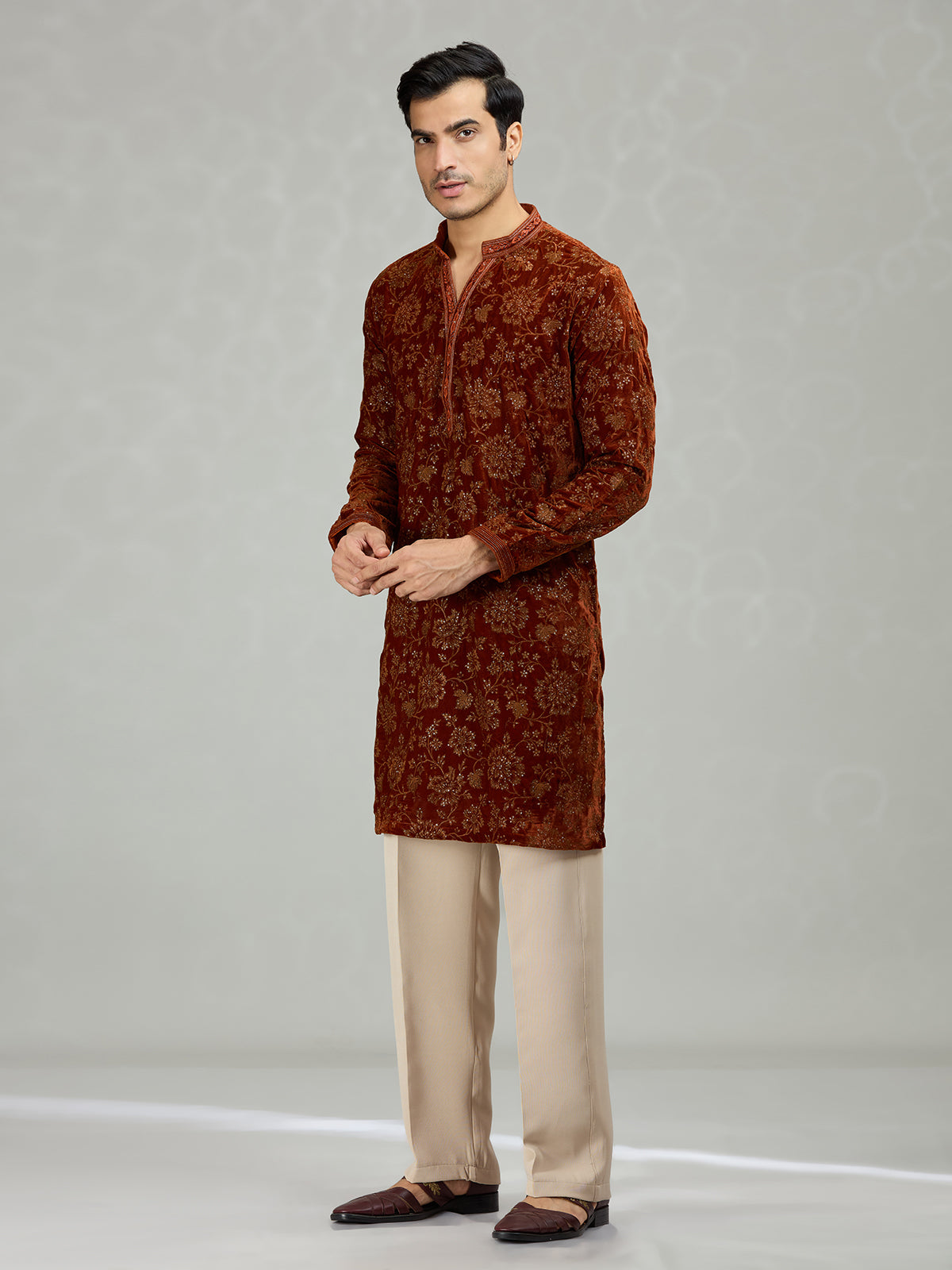 Rust brown floral velvet royal men kurta suit
