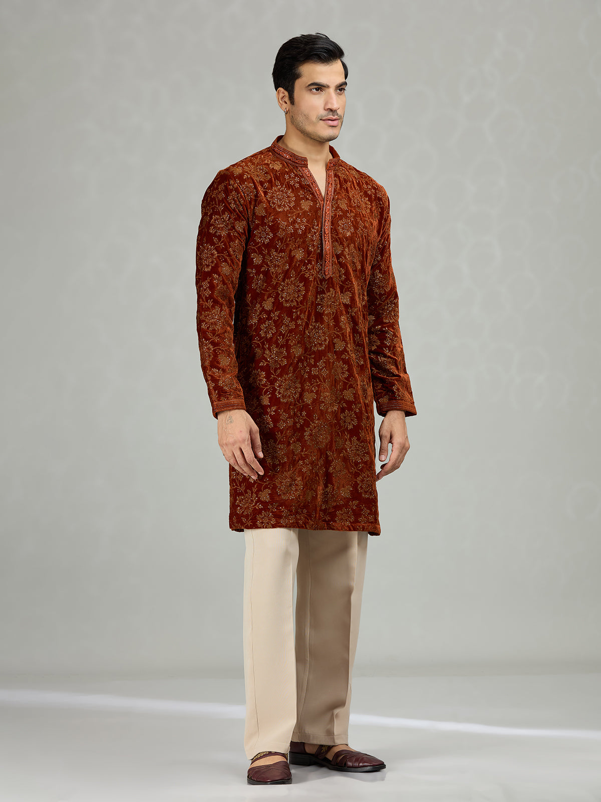 Rust brown floral velvet royal men kurta suit