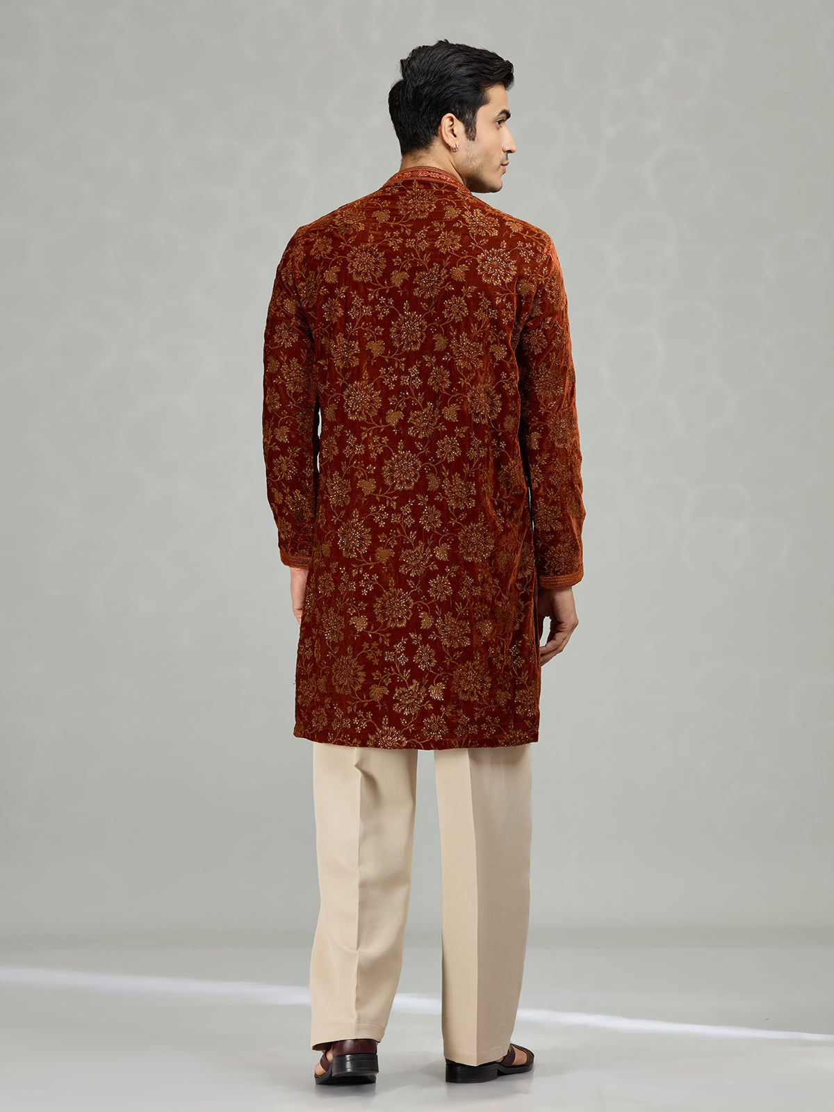 Rust brown floral velvet royal men kurta suit
