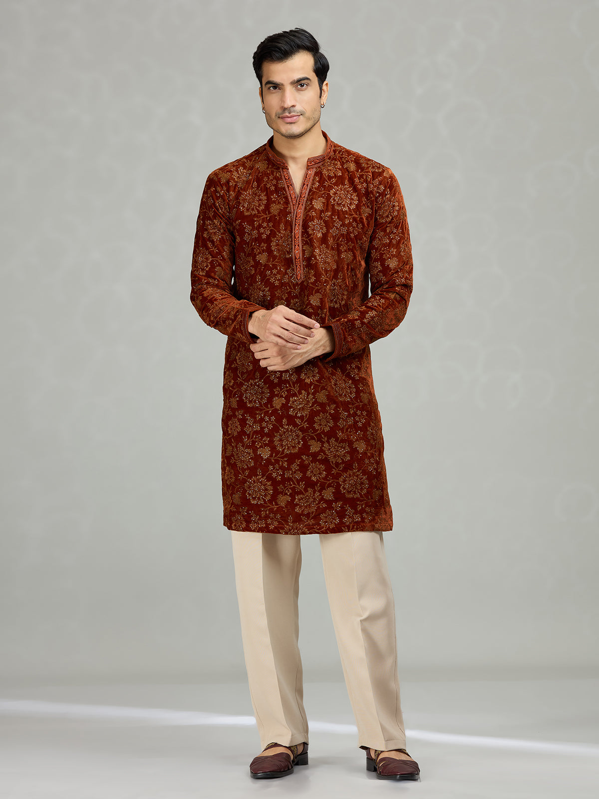 Rust brown floral velvet royal men kurta suit