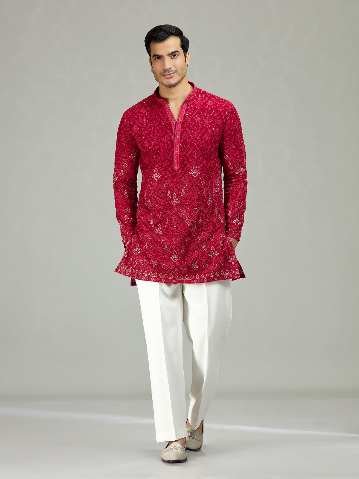 Hot pink Kashmiri paisley exquisite men kurta suit