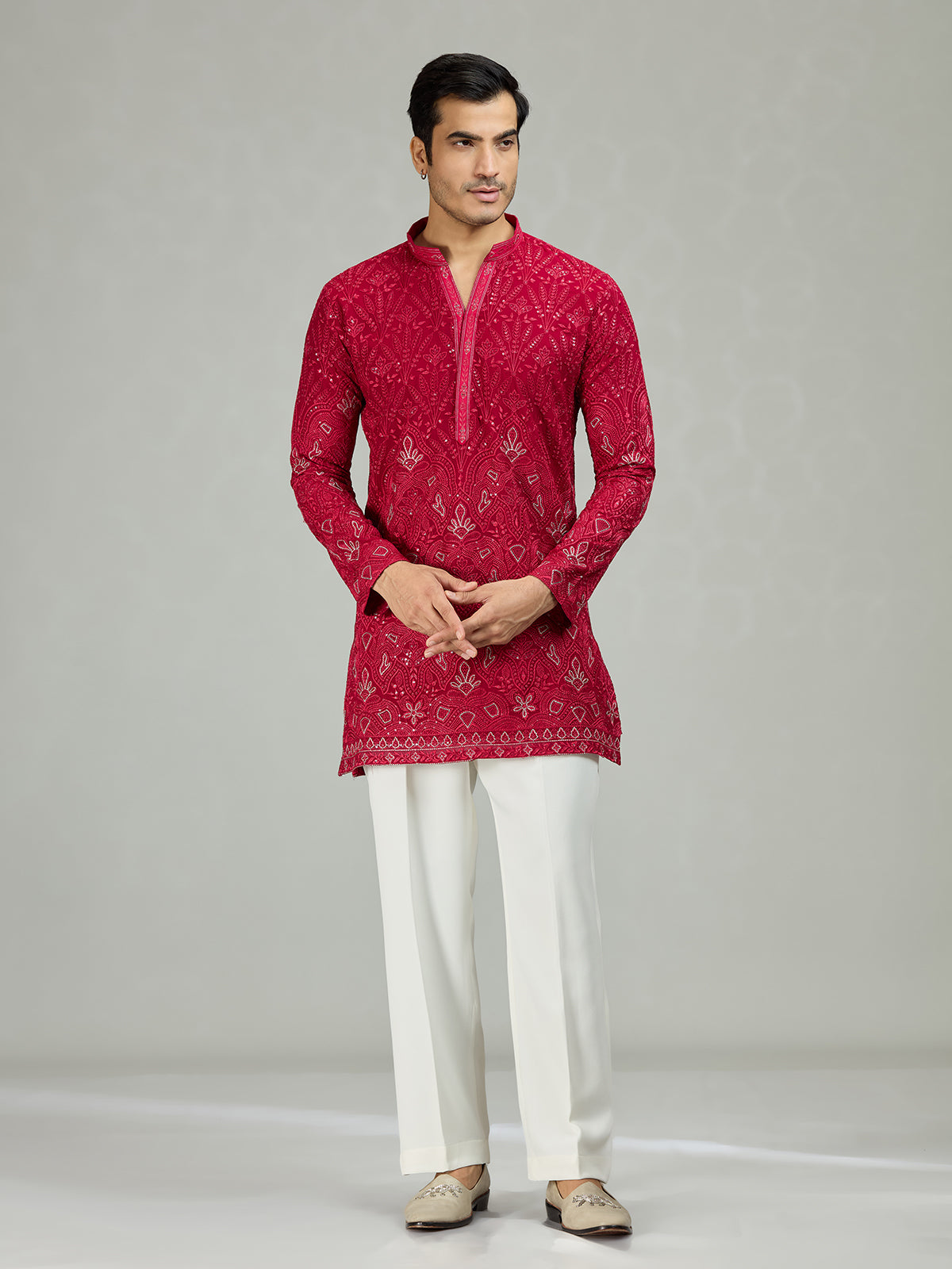 Hot pink Kashmiri paisley exquisite men kurta suit