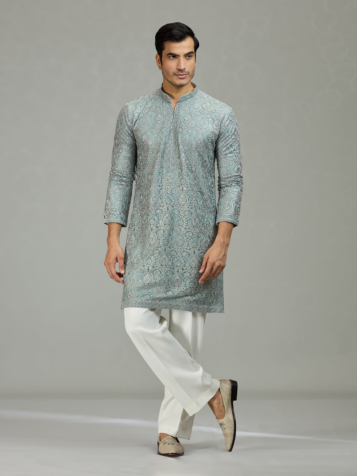 English grey Persian floral graceful men kurta suit