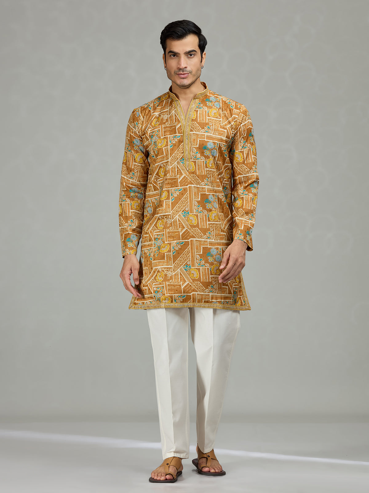 Yellow floral grid printed vibrant men kurta suit