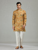 Yellow floral grid printed vibrant men kurta suit