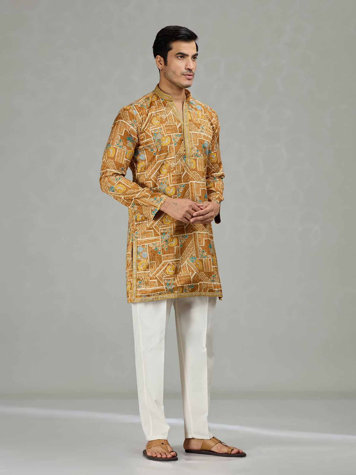 Yellow floral grid printed vibrant men kurta suit