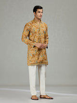 Yellow floral grid printed vibrant men kurta suit