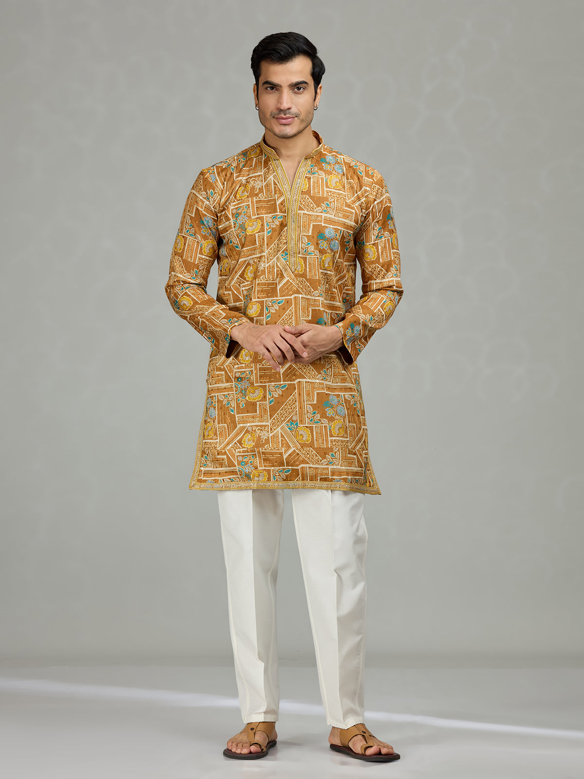 Yellow floral grid printed vibrant men kurta suit