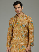 Yellow floral grid printed vibrant men kurta suit