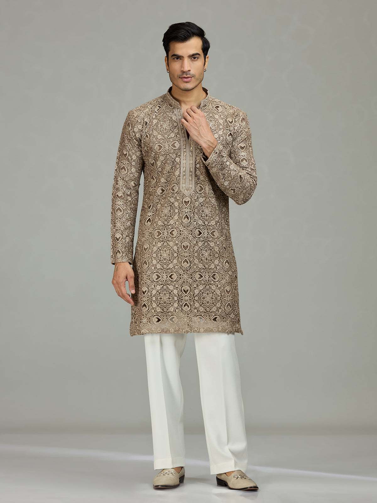 Olive green diamond cut refined men kurta suit