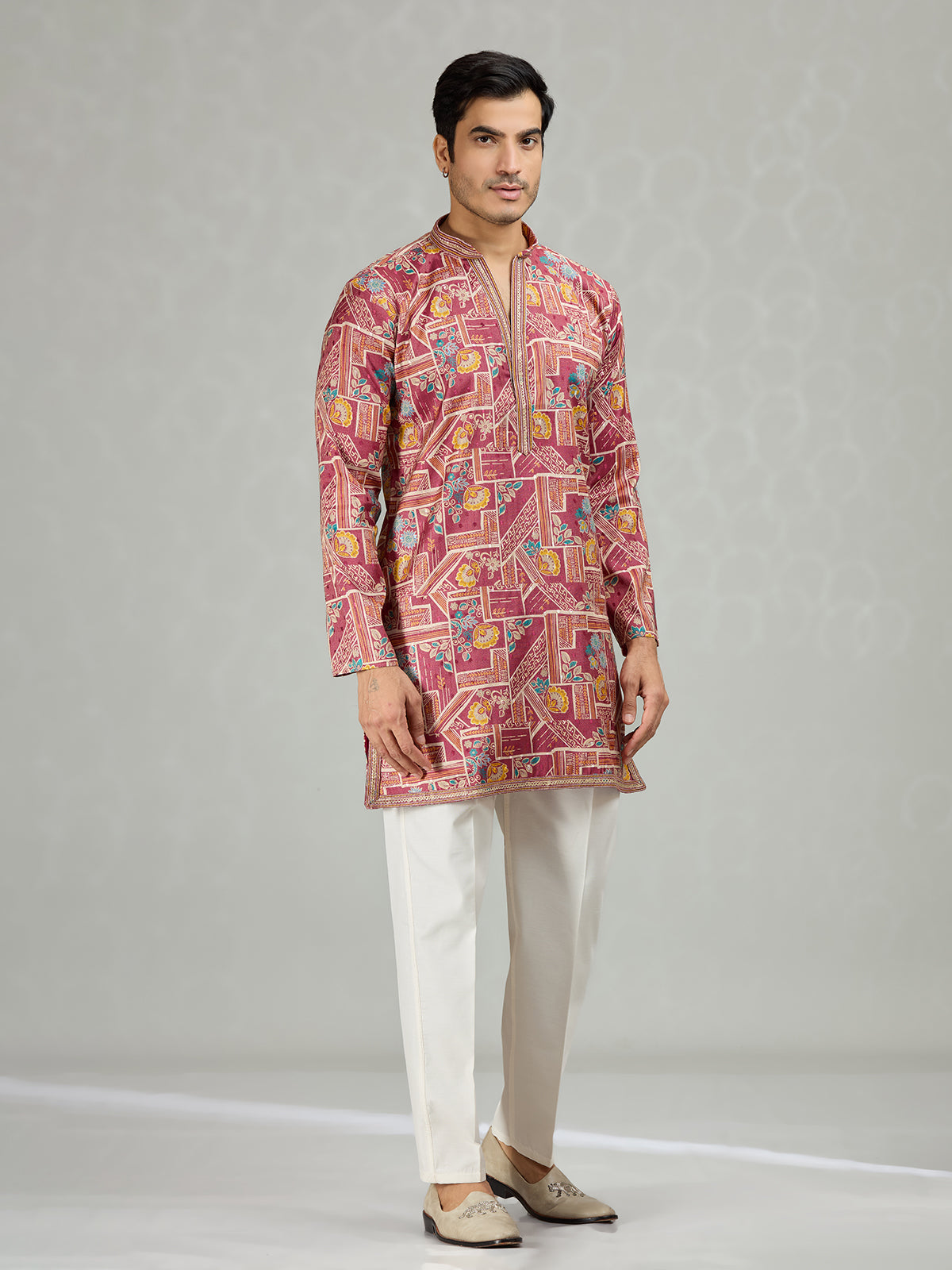 Wine botanical grid printed statement men kurta suit