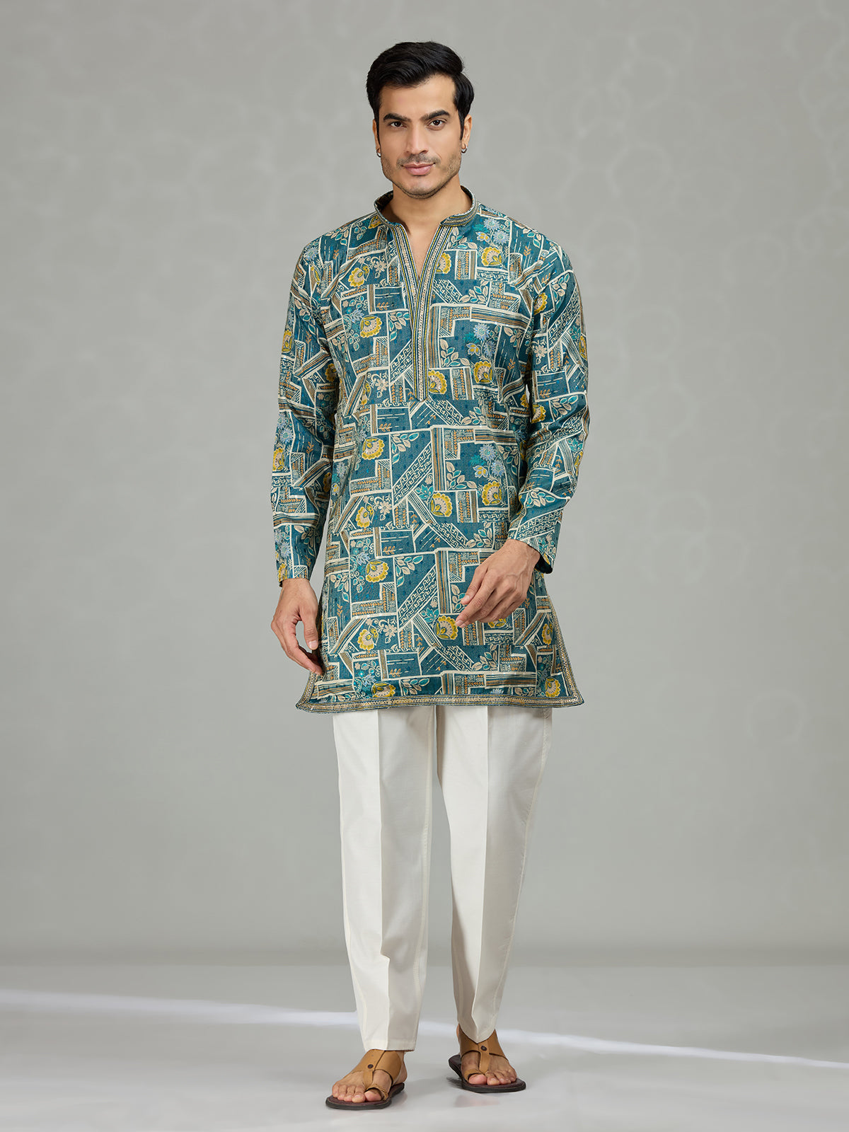 Blue floral grid printed contemporary men kurta suit