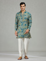 Blue floral grid printed contemporary men kurta suit