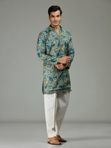 Blue floral grid printed contemporary men kurta suit