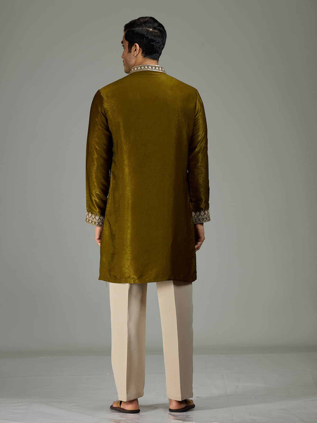 Mehendi green antique floral velvet luxurious men kurta suit