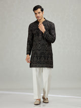 Black scalloped cutwork designer men kurta suit
