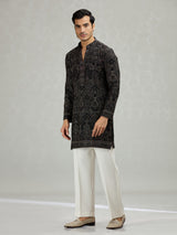 Black scalloped cutwork designer men kurta suit