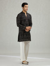 Black scalloped cutwork designer men kurta suit