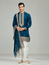 Teal blue royal embroidered men kurta suit