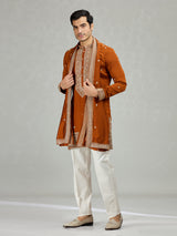 Rust orange statement embroidered men kurta suit