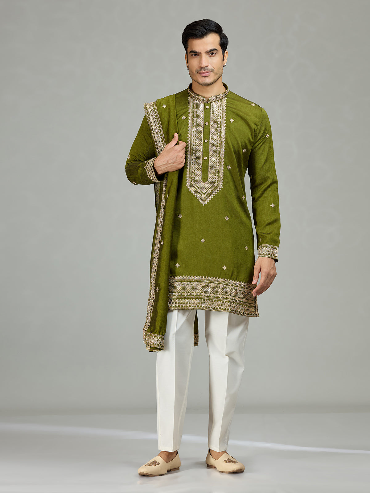 Mehendi green festive embroidered men kurta suit