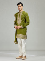 Mehendi green festive embroidered men kurta suit