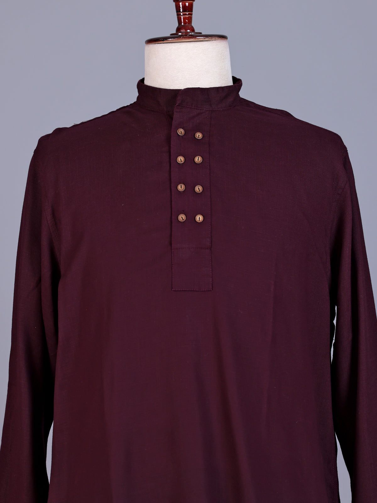 Wine linen silk mens short kurta with Chinese collar
