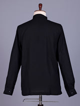 Black linen silk mens short kurta with Chinese collar