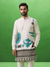 White cotton linen mens kurta with printed Chinese collar