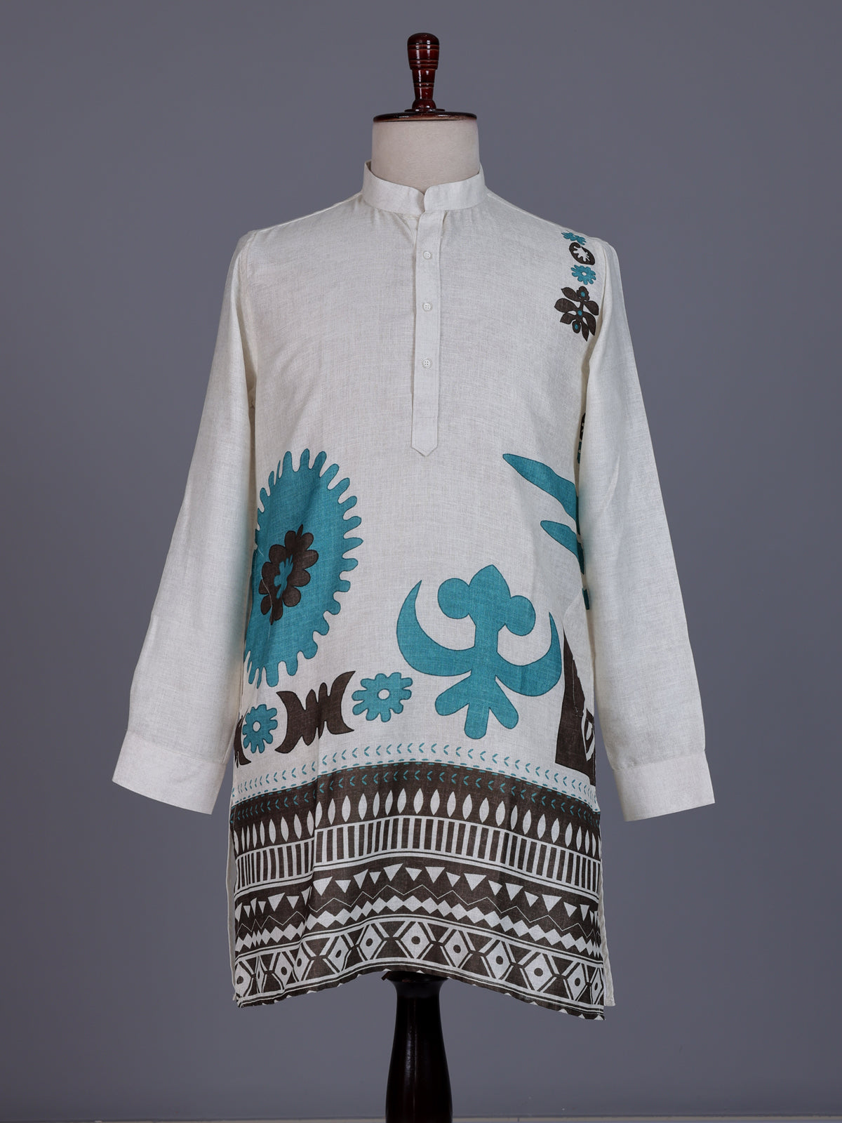 White cotton linen mens kurta with printed Chinese collar